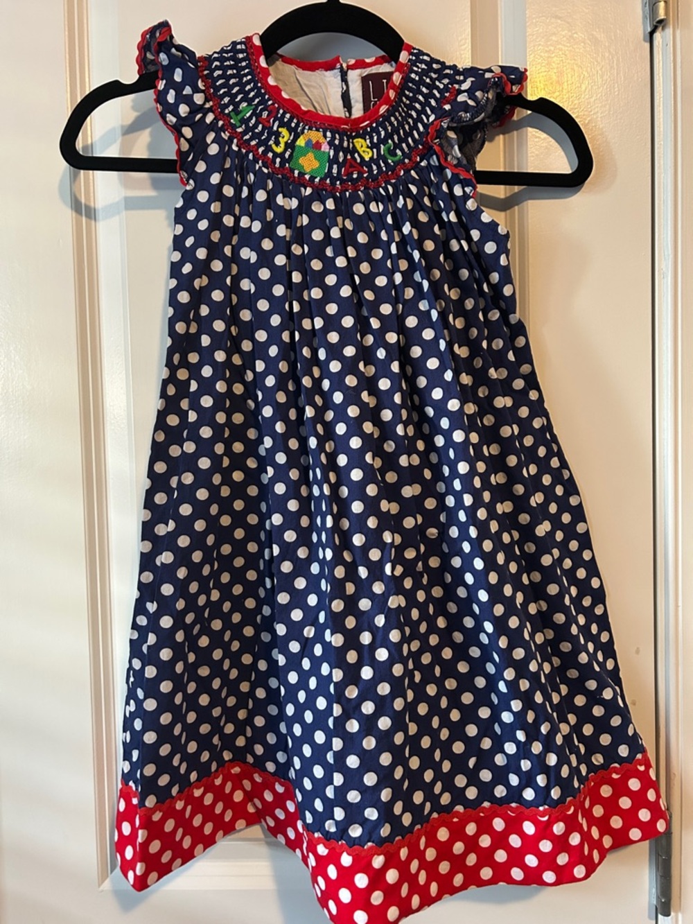 Lil Cactus 5Y Back to School Navy Polka Dot Girls Smocked Dress with Red Trim